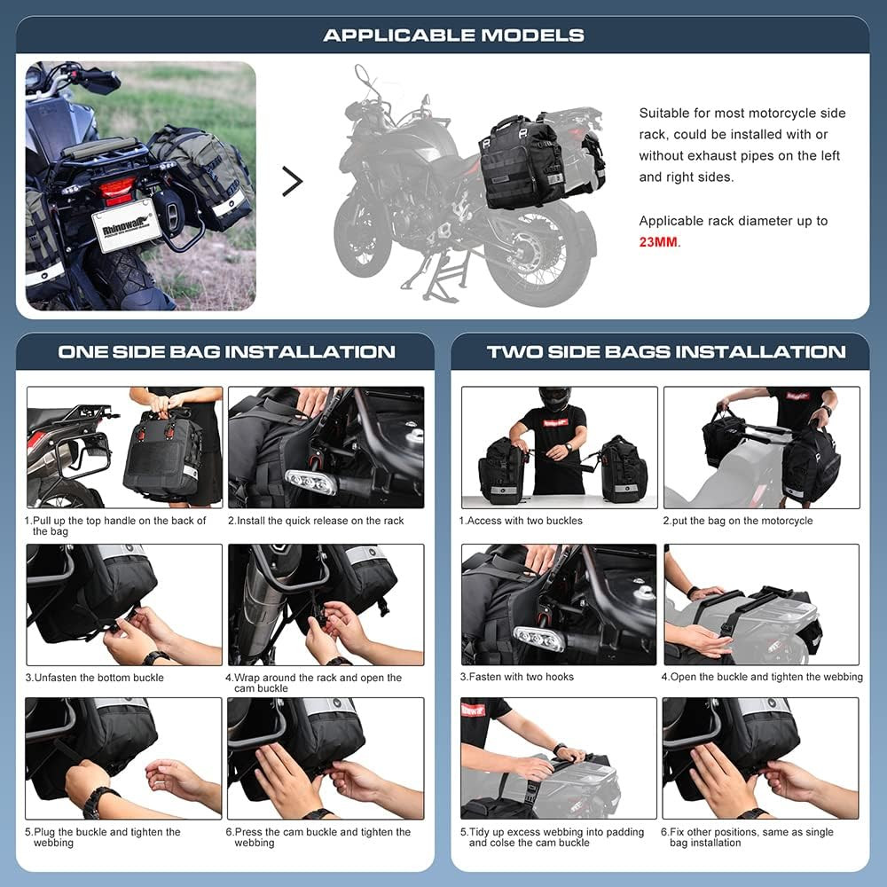 Waterproof Motorcycle Saddle Bag 20L Quick Release Side Pannier - Black
