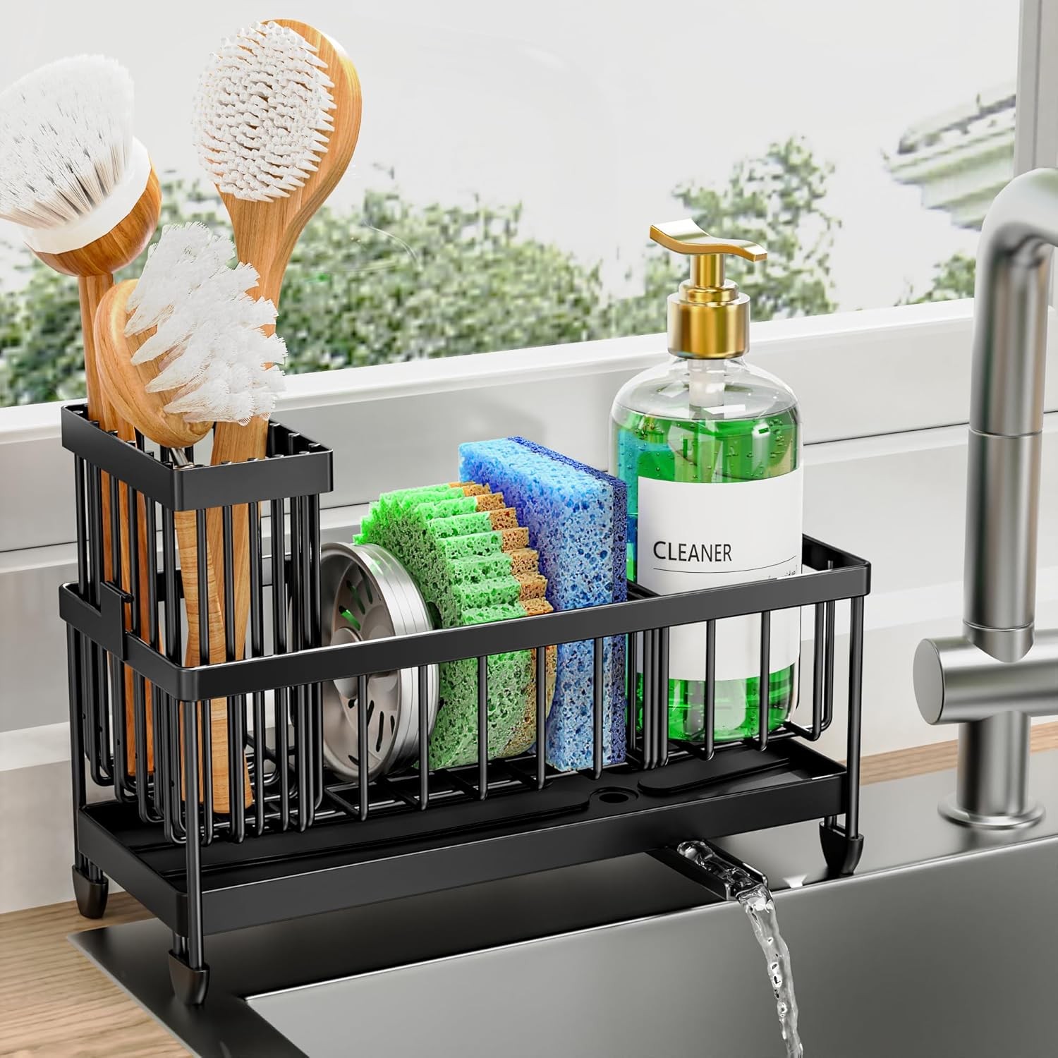 Cisily 304Stainless Steel Kitchen Sink Caddy,Sponge & Brush Holder,Black (9.25")