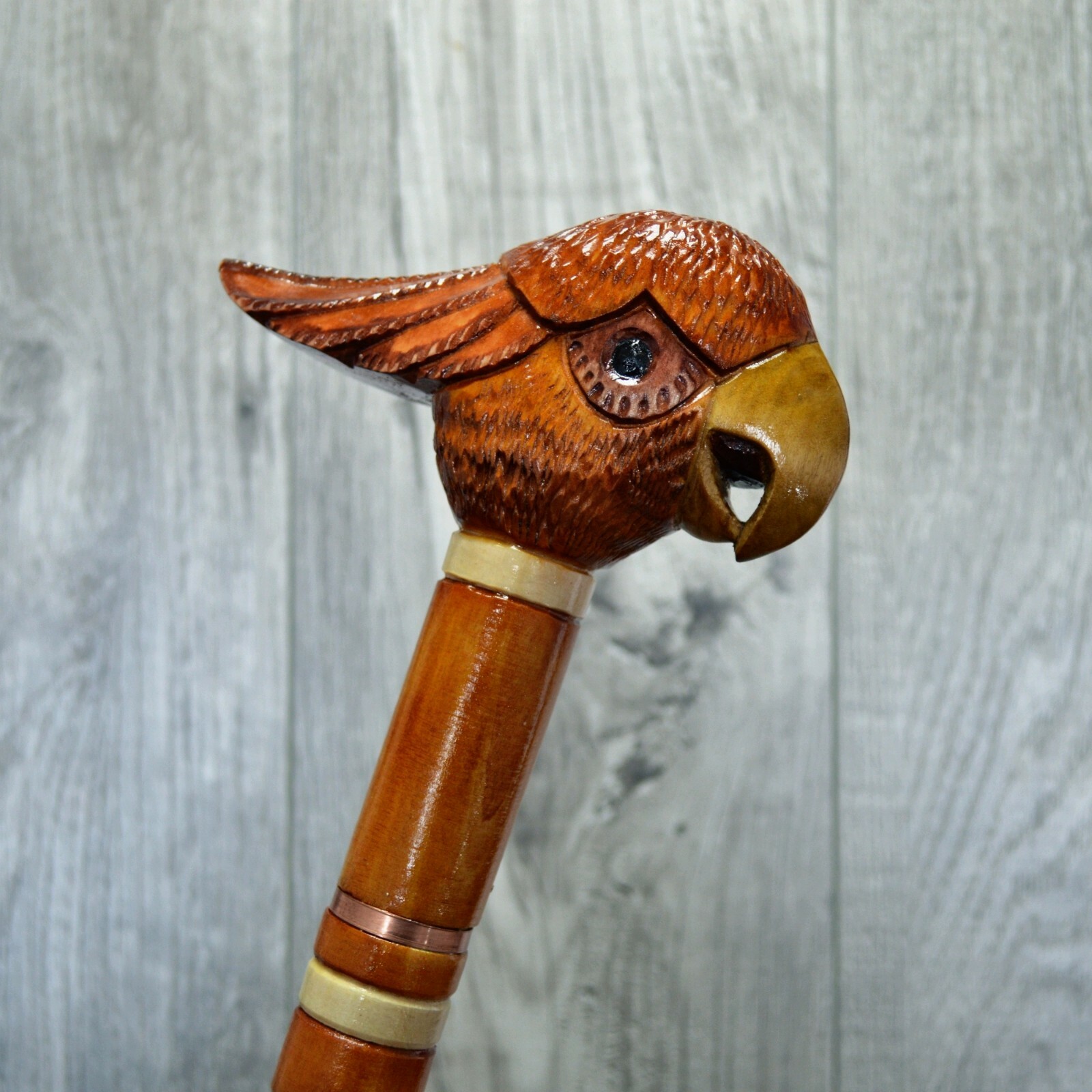 Cane Walking Stick Wooden carved Handmade - Parrot Cockatoo Red
