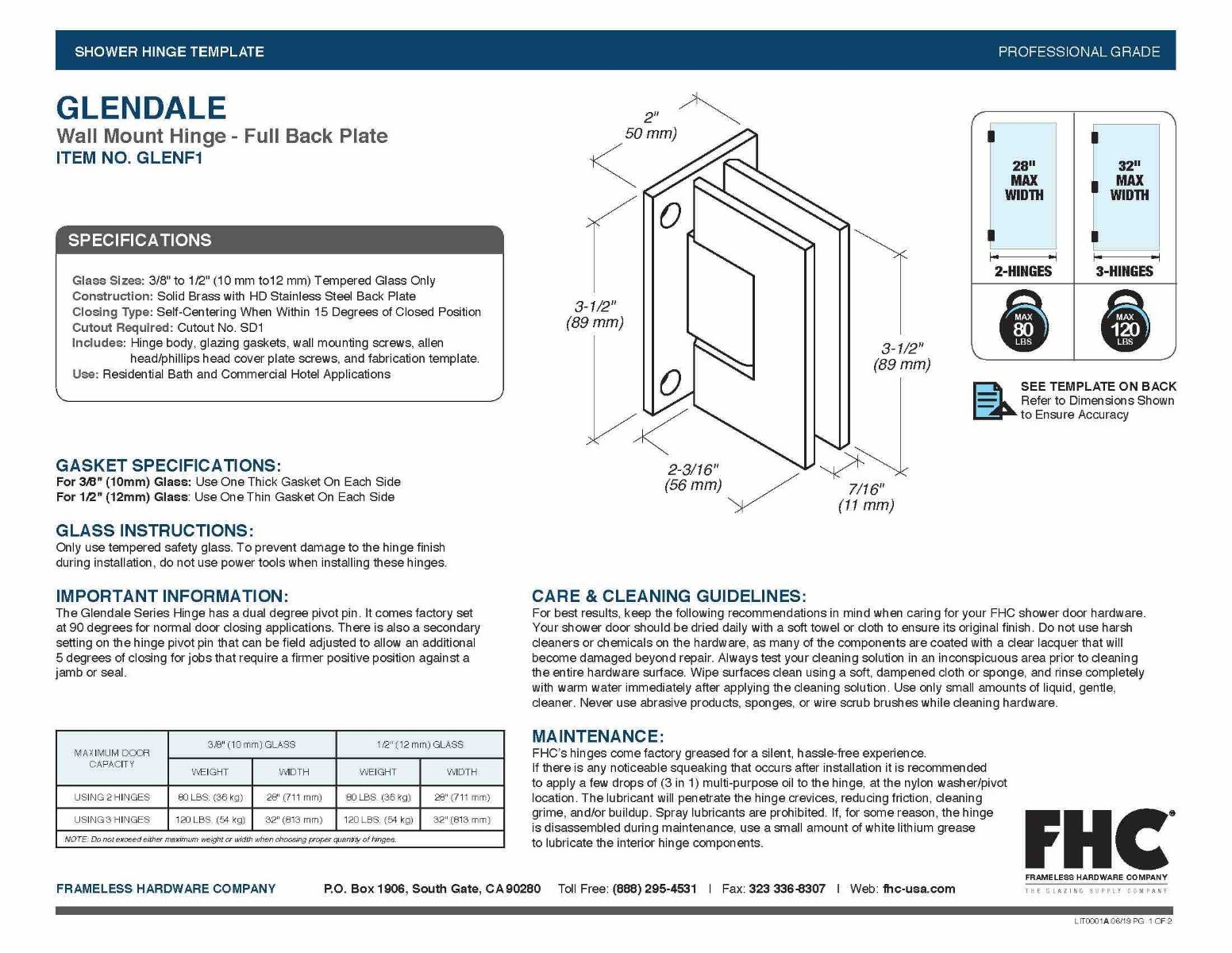 FHC GLENF1MB Glendale Series Wall Mount Hinge - Full Back Plate - Matte Black