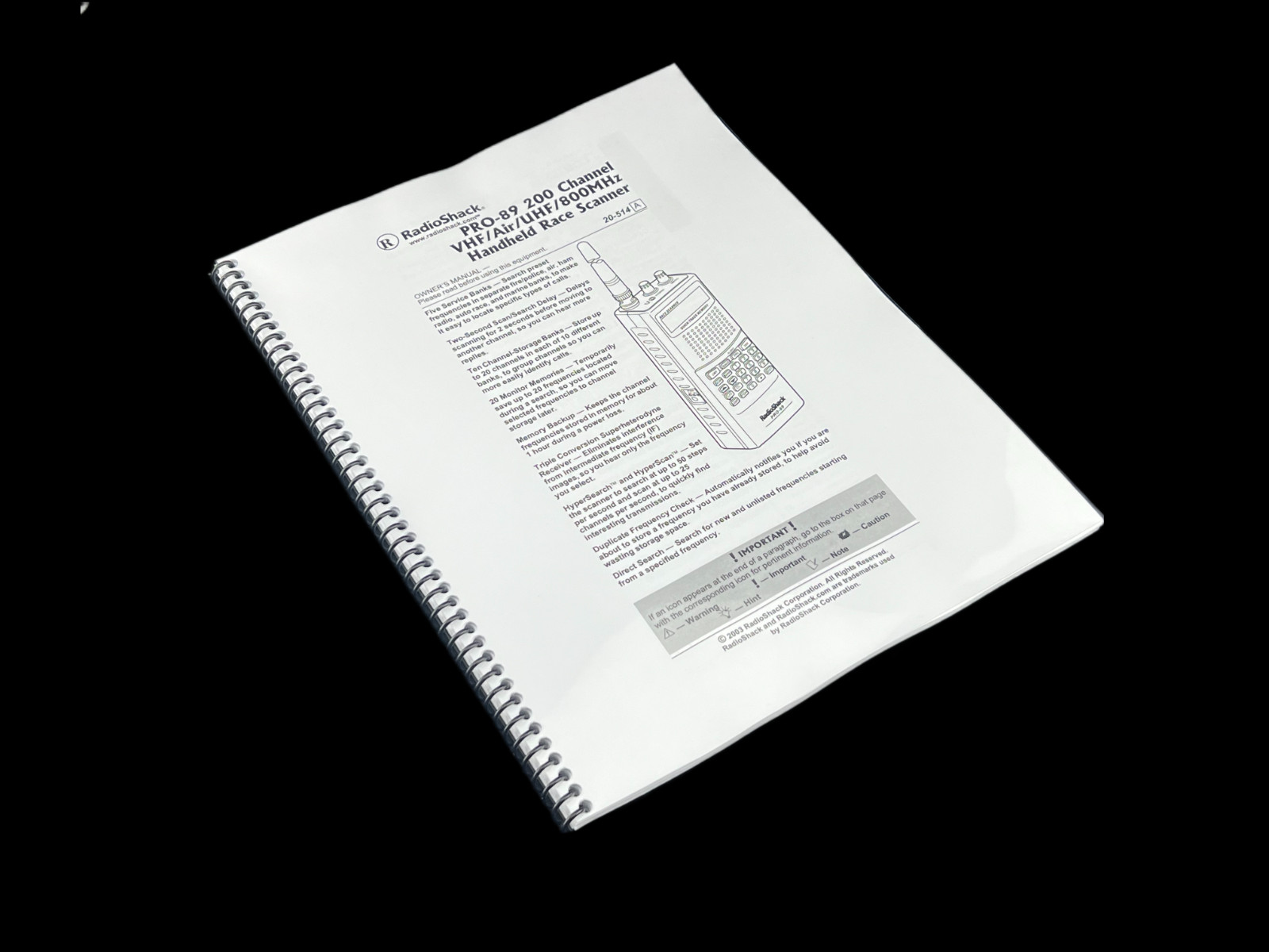 Radio Shack Pro-89, 200 Channel Racing Scanner Manual: 68 Pages, Black and white