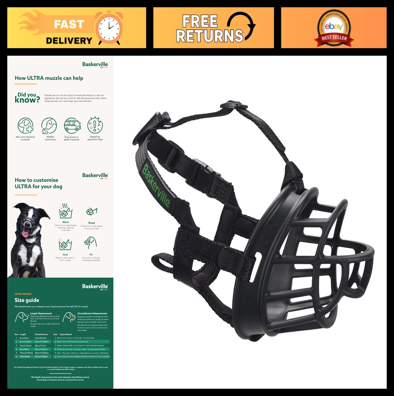 Humane Adjustable Dog Muzzle Size 6 | Padded Design for Panting & Drinking | Pre