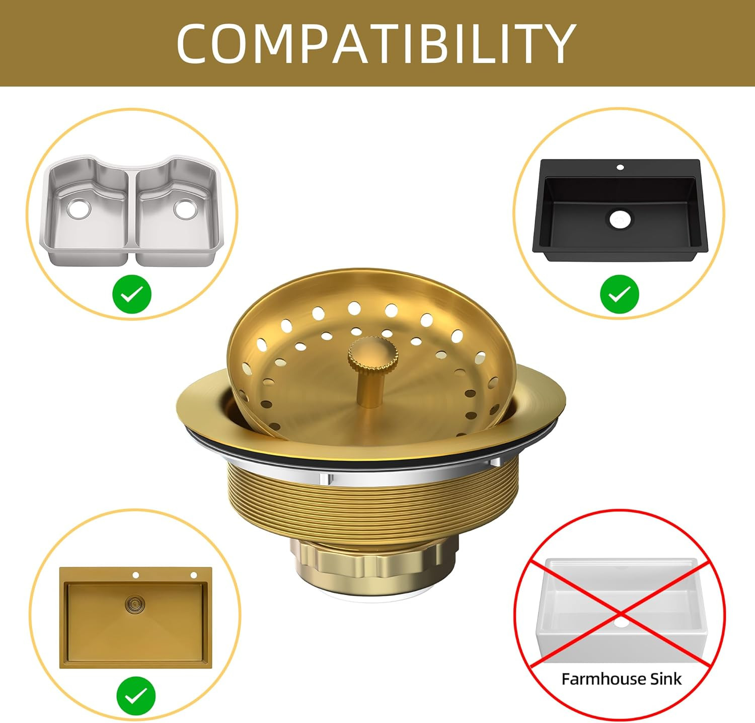 Kitchen Sink Drain Gold Sink Drain Strainer with Fixed Post 3-1/2 Inch Kitchen D