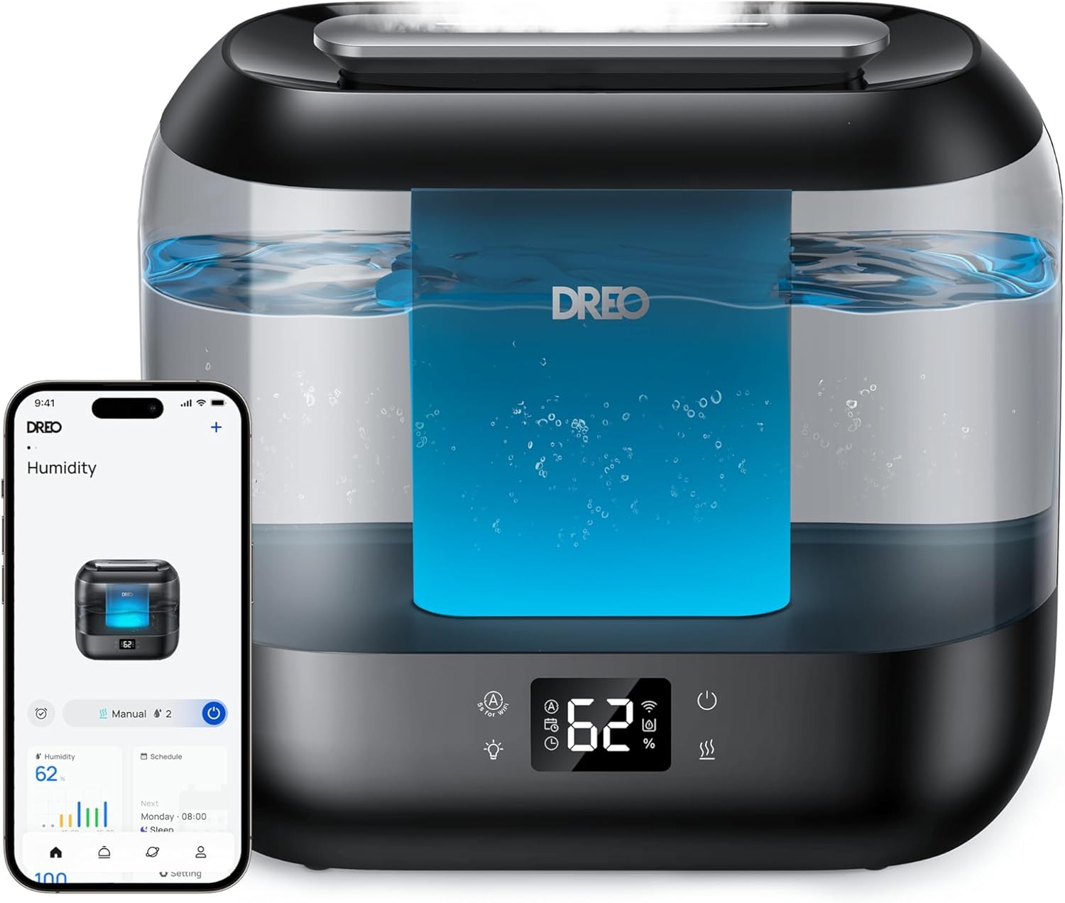 Smart bedroom humidifier: 4-litre large-capacity top-fill humidifier. Black