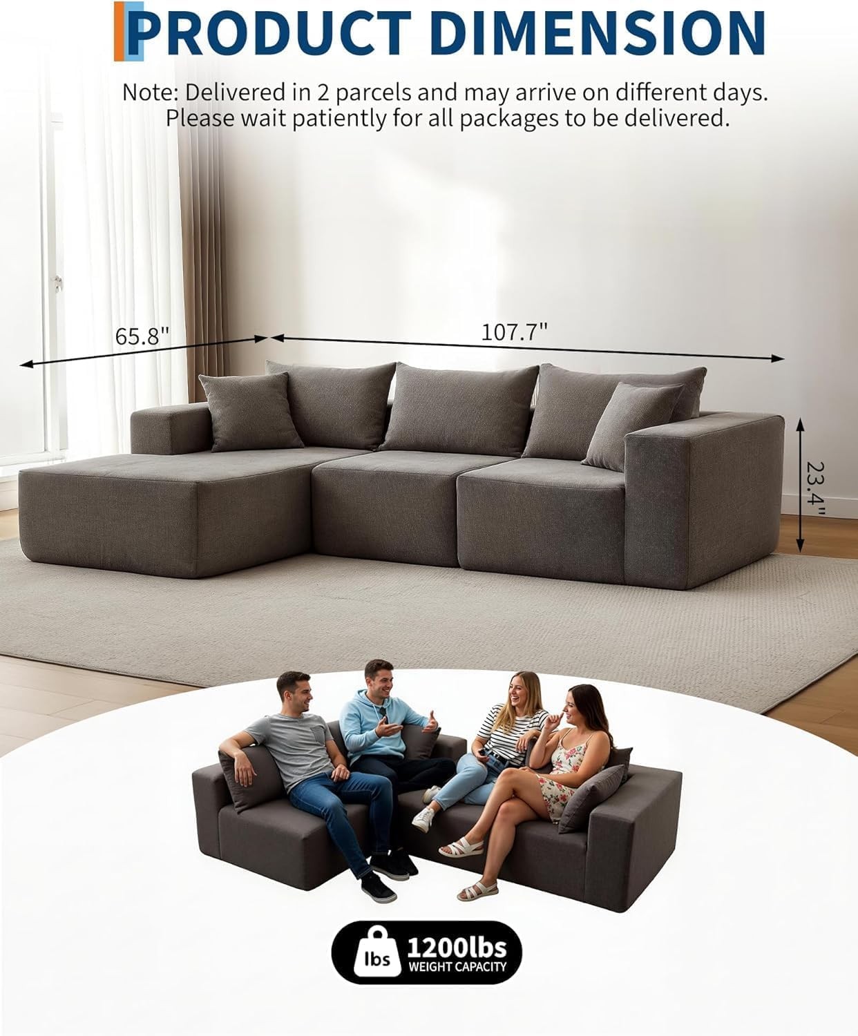 108" Modern L-Shaped Sectional Sofa Couch, Modular Cloud Sofa with Chaise Left