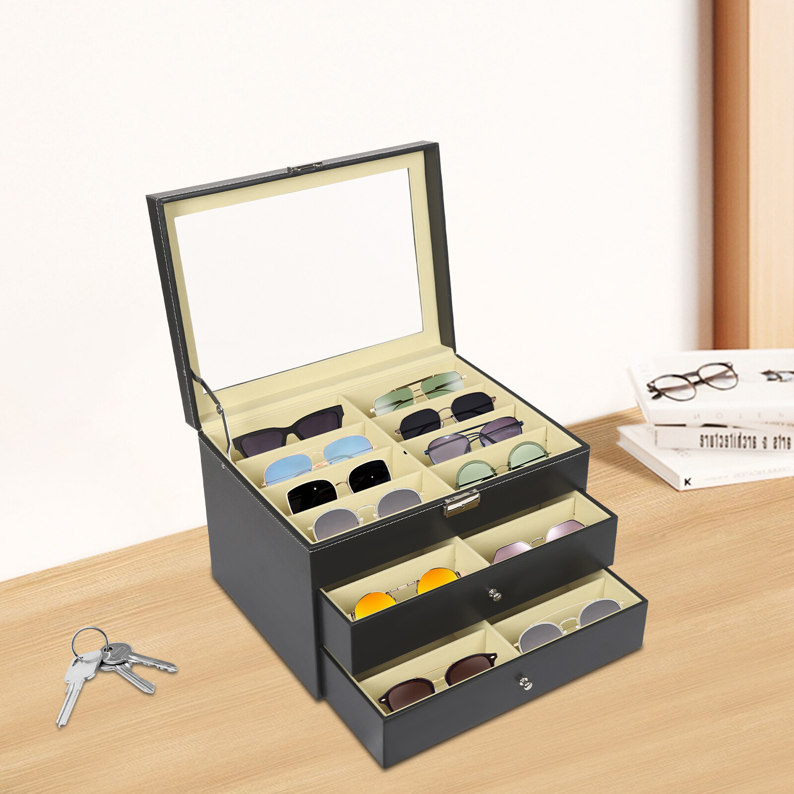 24 Slots Glasses Box Display Storage Case Organizer Leather For Sunglasses NEW