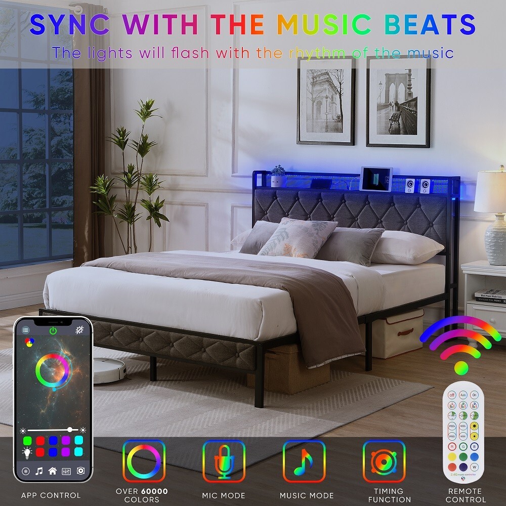 Full Size Bed Frame w/ LED Headboard, Storage & Platform, Outlet, USB Ports
