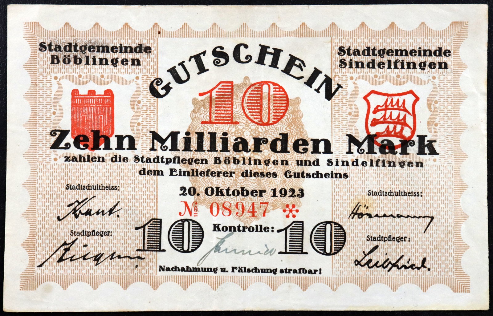 BÖBLINGEN and SINDELFINGEN 1923 10 Milliarden = 10 Billion Mark Notgeld