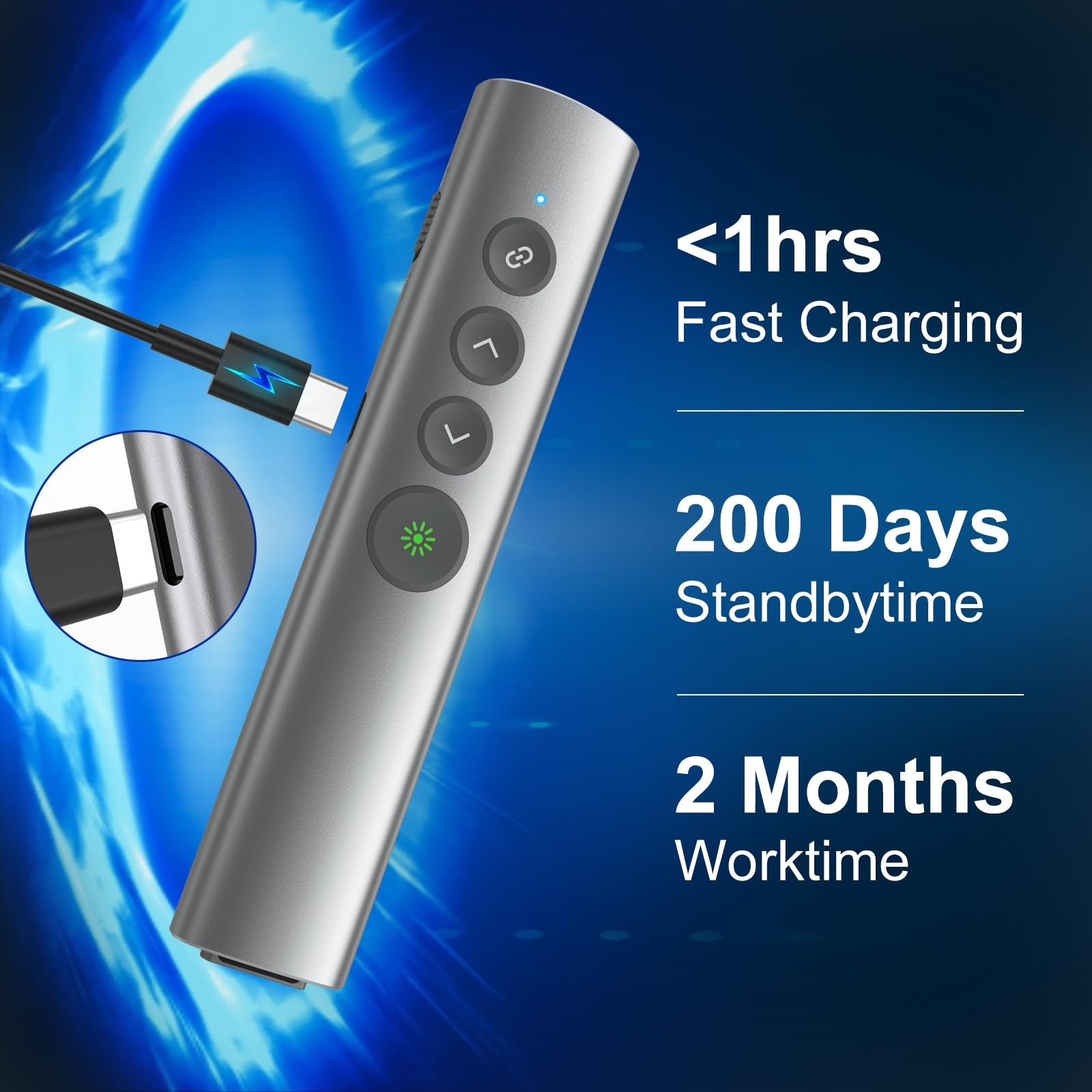 Rechargeable Green Laser Pointer Clicker for PowerPoint & Google Slides, USB-C W