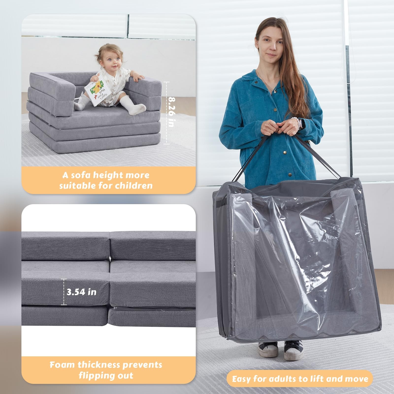 Foldable Toddler Couch, 3-in-1 Toddler Chair & Lounger with Waterproof Carry ...