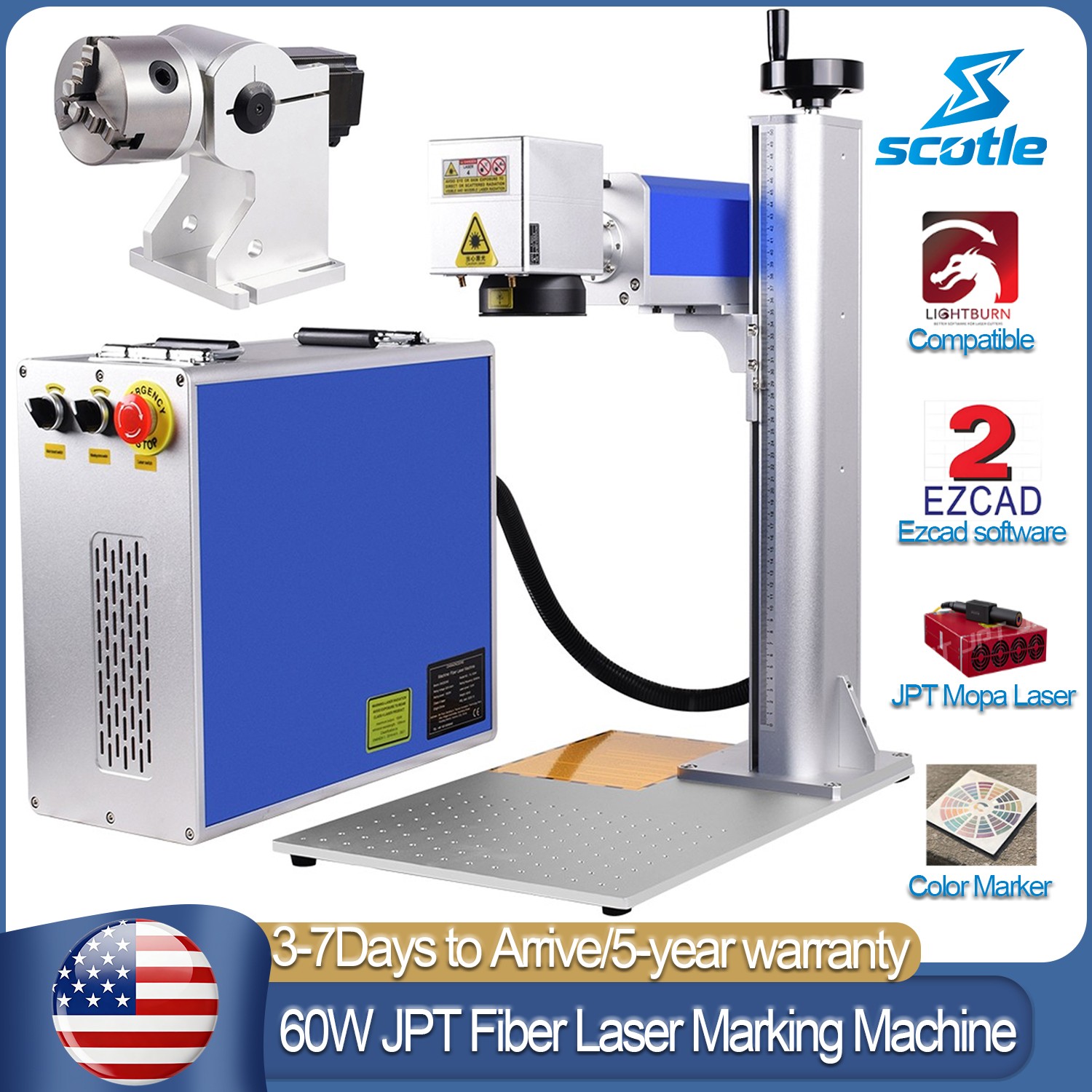 Scotle 60W JPT Mopa M7 Fiber Laser Marking Machine Metal Engraver Color Marker