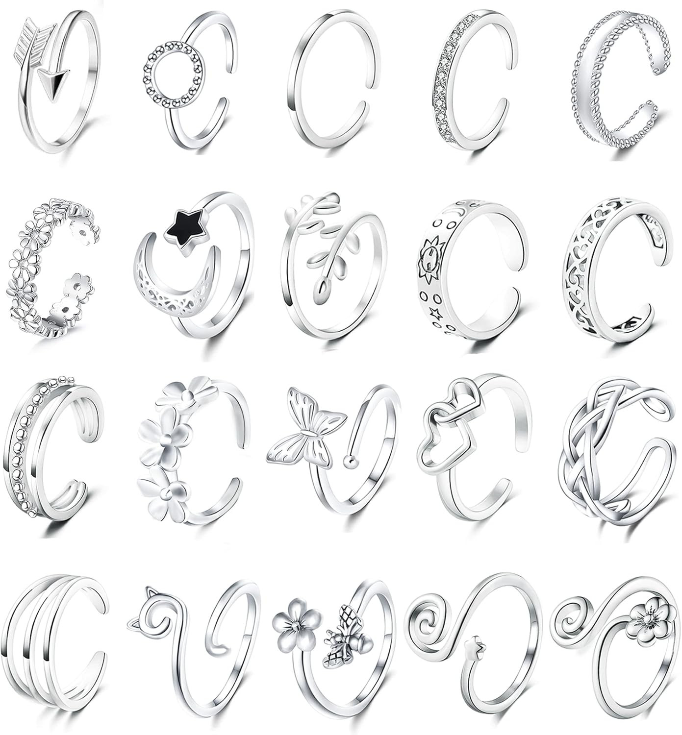 20pcs Adjustable Toe Rings Set for Women Fingers Joint Tail Summer Beach Arrow F