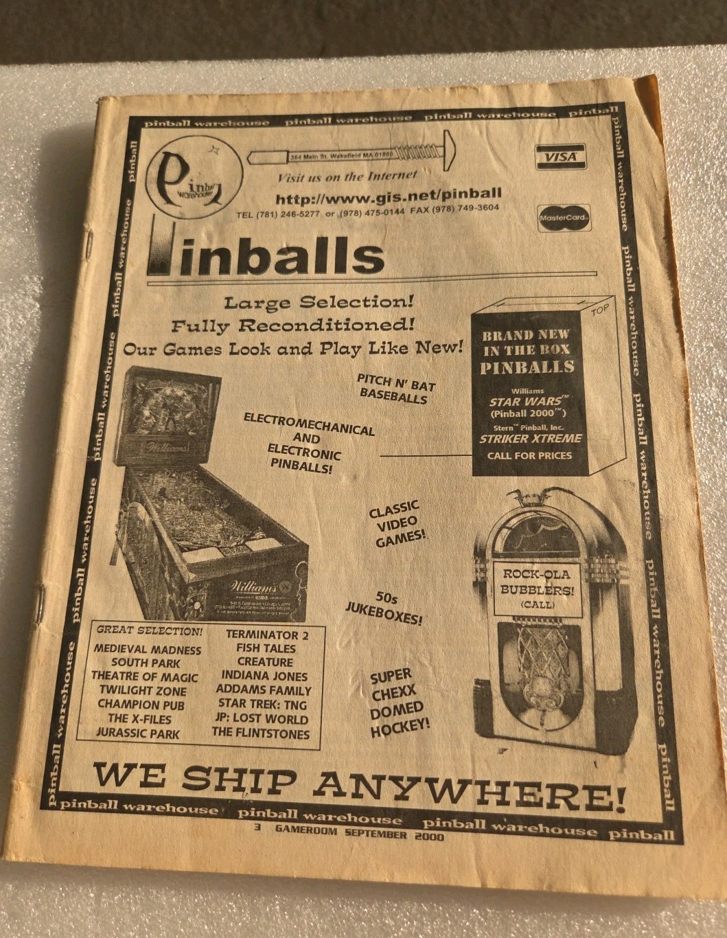 Pinball Warehouse Magazine Gameroom September 2000 Arcade Machine Pre-owned