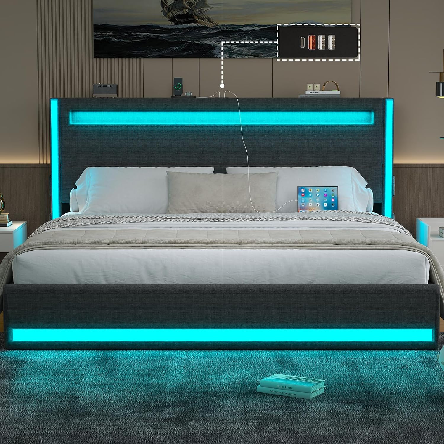 King Size Bed Frame and Adjustable Headboard, Light up King Size Platform Bed Fr