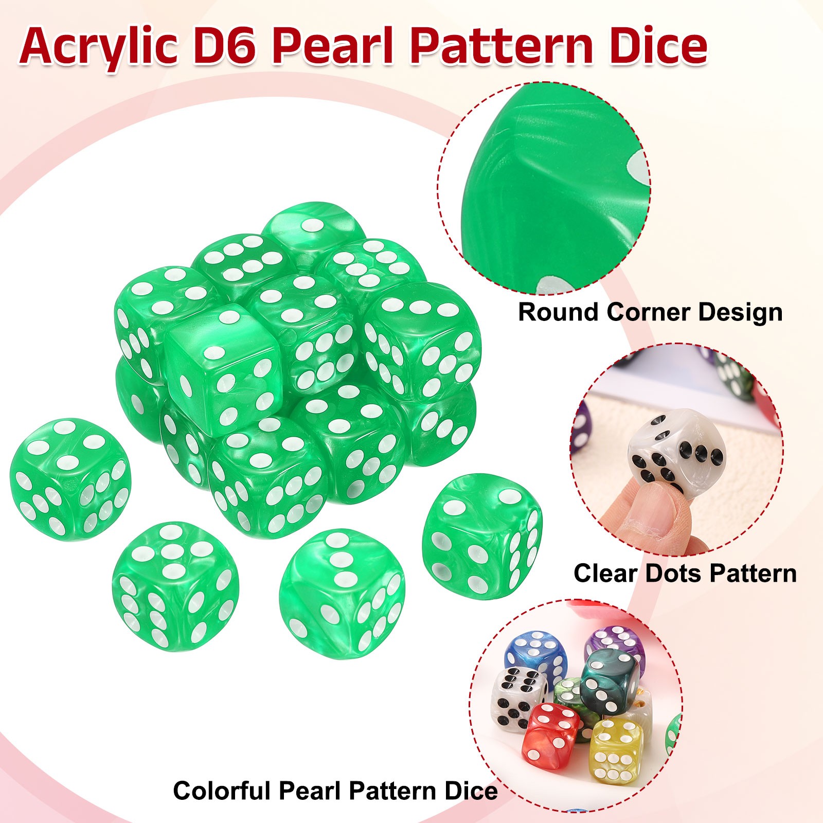 10Pcs 6 Sided Colored Standard Dice, Acrylic D6 Pearl Pattern Dice, Light Green