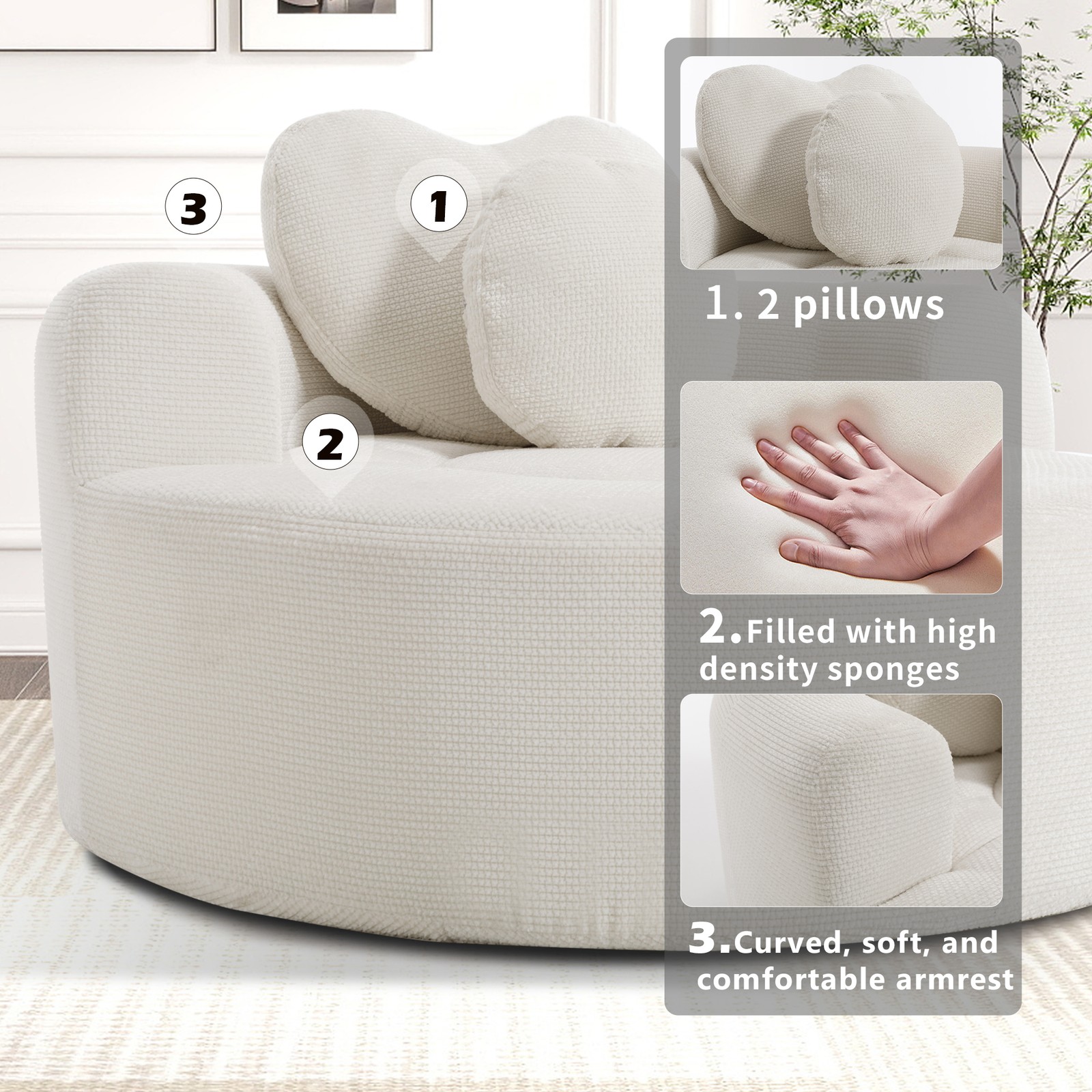 Round Sofa Bed with Memory Foam Sectional Couches for Living Room, Cloud Couch