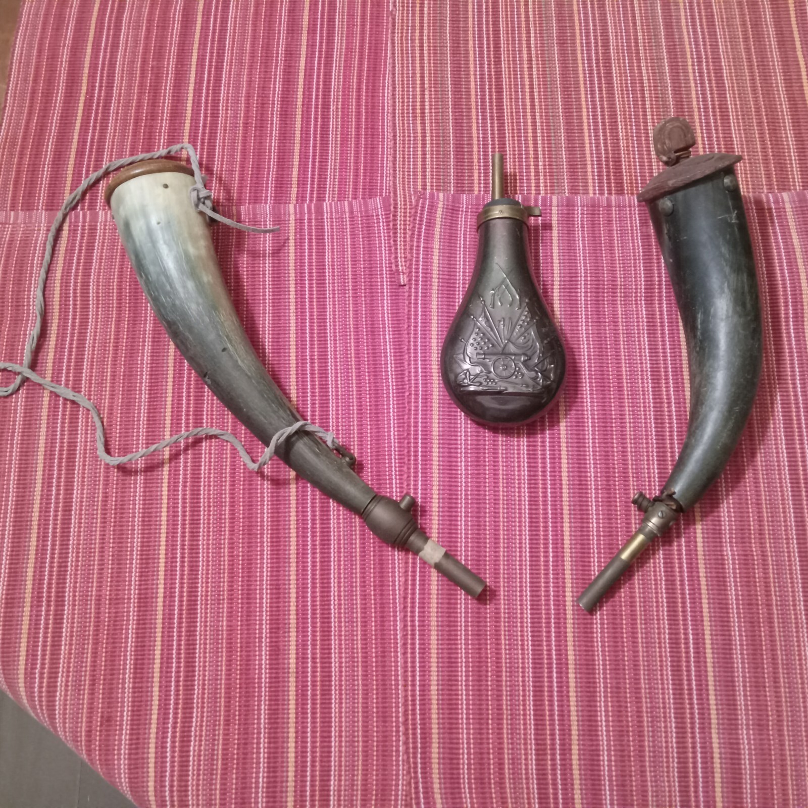 Lot Of 3 Vintage Powder Horns Brass Flask