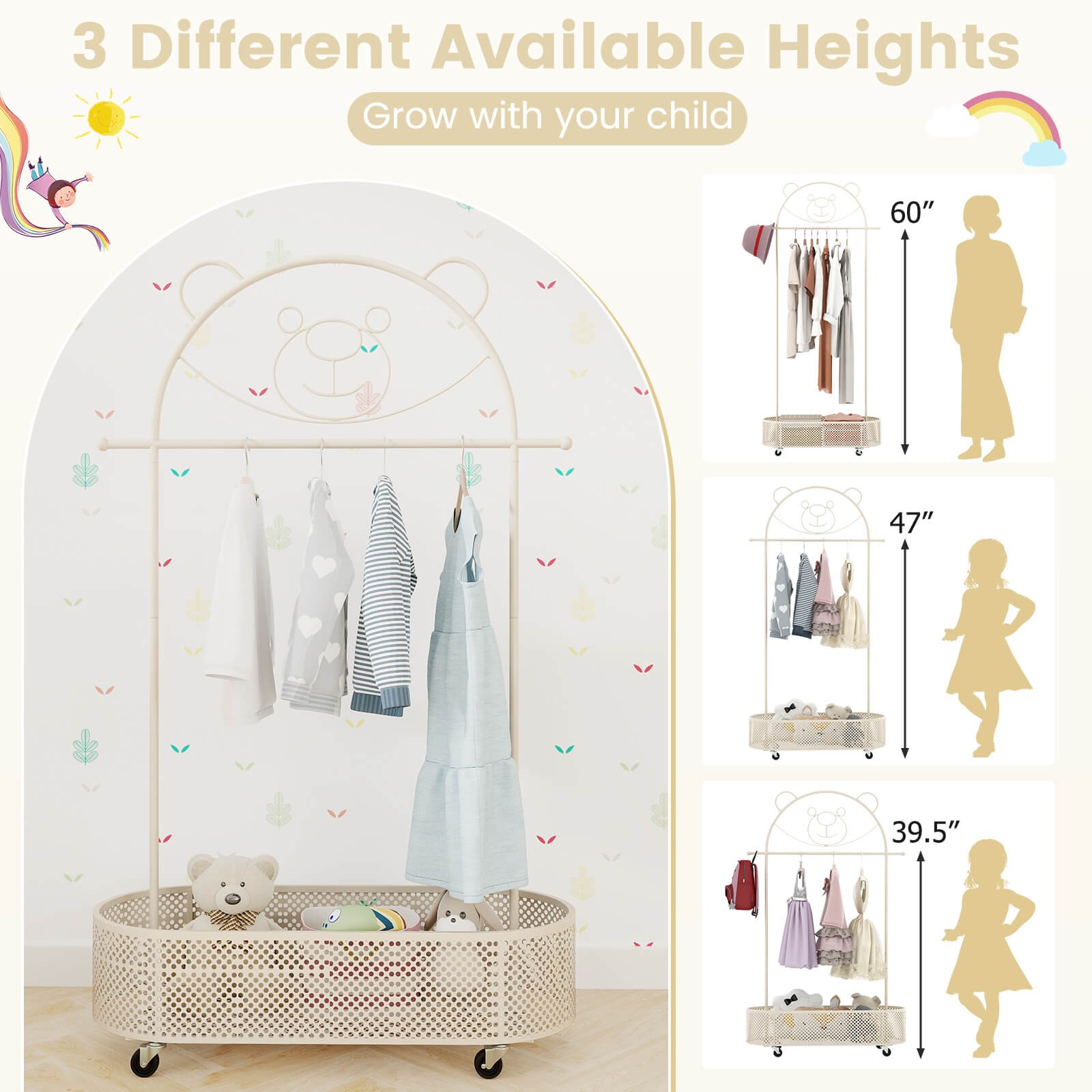 Kid Clothes Rack W/ 3 Adjustable Heights Home Freestanding Clothes Rack