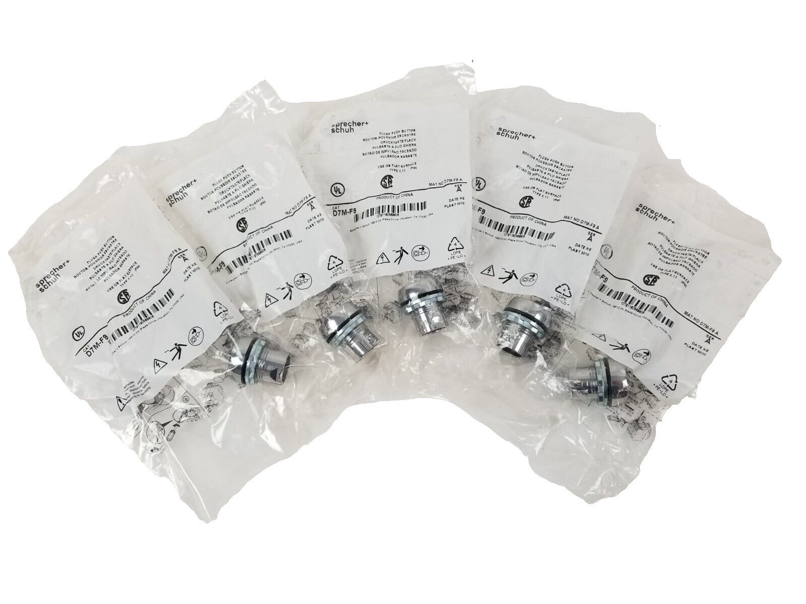 5 Sprecher + Schuh D7M-F9 Flush Push Button Switch Metal w/ Chrome Finish NEW