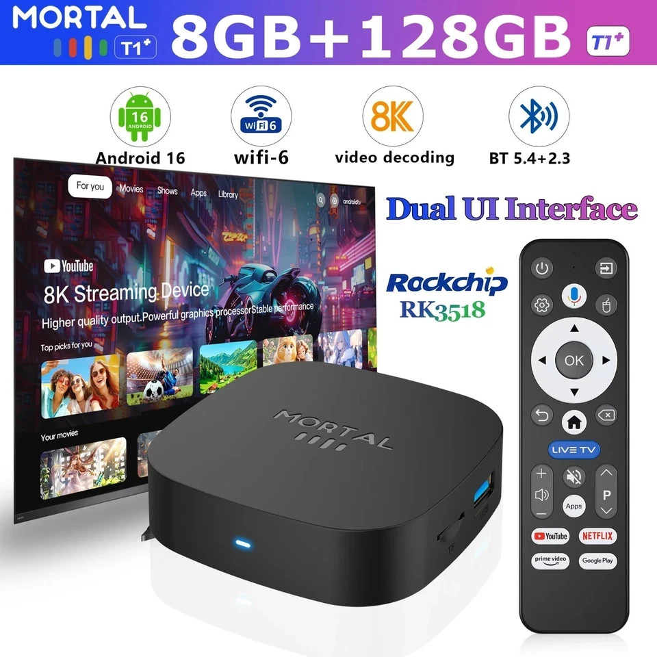 Smart TV Box 2026 T1+  Android 16 | 8K Streaming Media Player | 8GB 128GB WiFi6