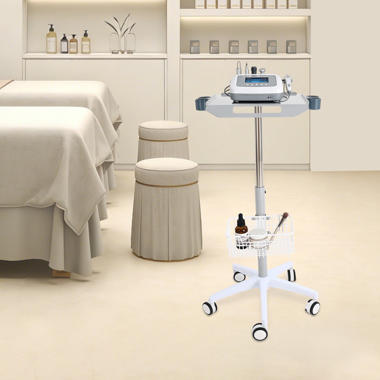 Versatile White Medical Cart with Adjustable Height and Ample Storage