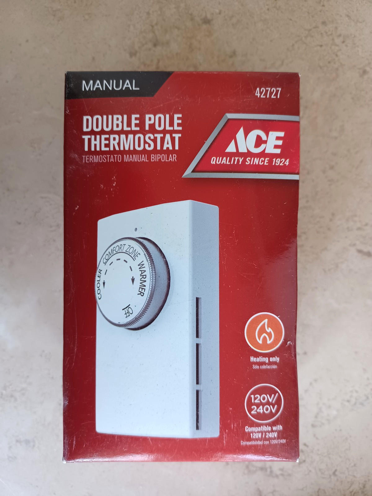 ACE 42727 MANUAL THERMOSTAT (HEATING ONLY) FOR DOUBLE OR SINGLE POLE 120/240V