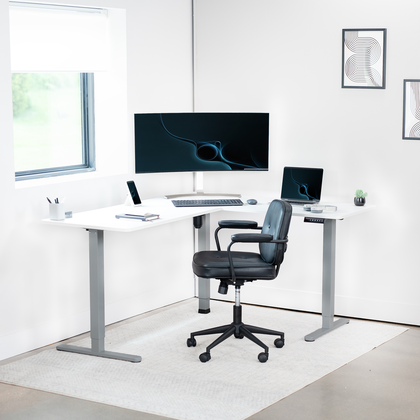 VIVO White / Gray Electric 63" x 55" Corner Desk, L-Shaped Workstation