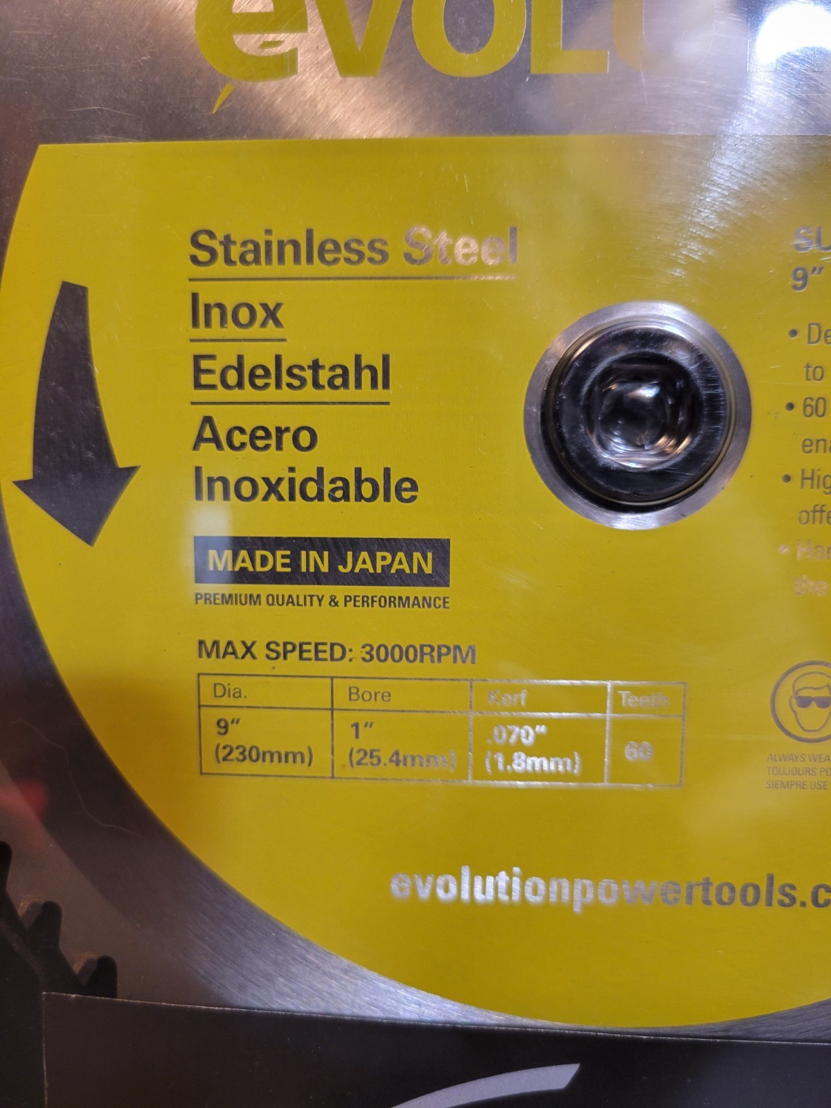 Evolution 9" Stainless Steel TCT Blade 60 Teeth 1" Arbor 230BLADESSN