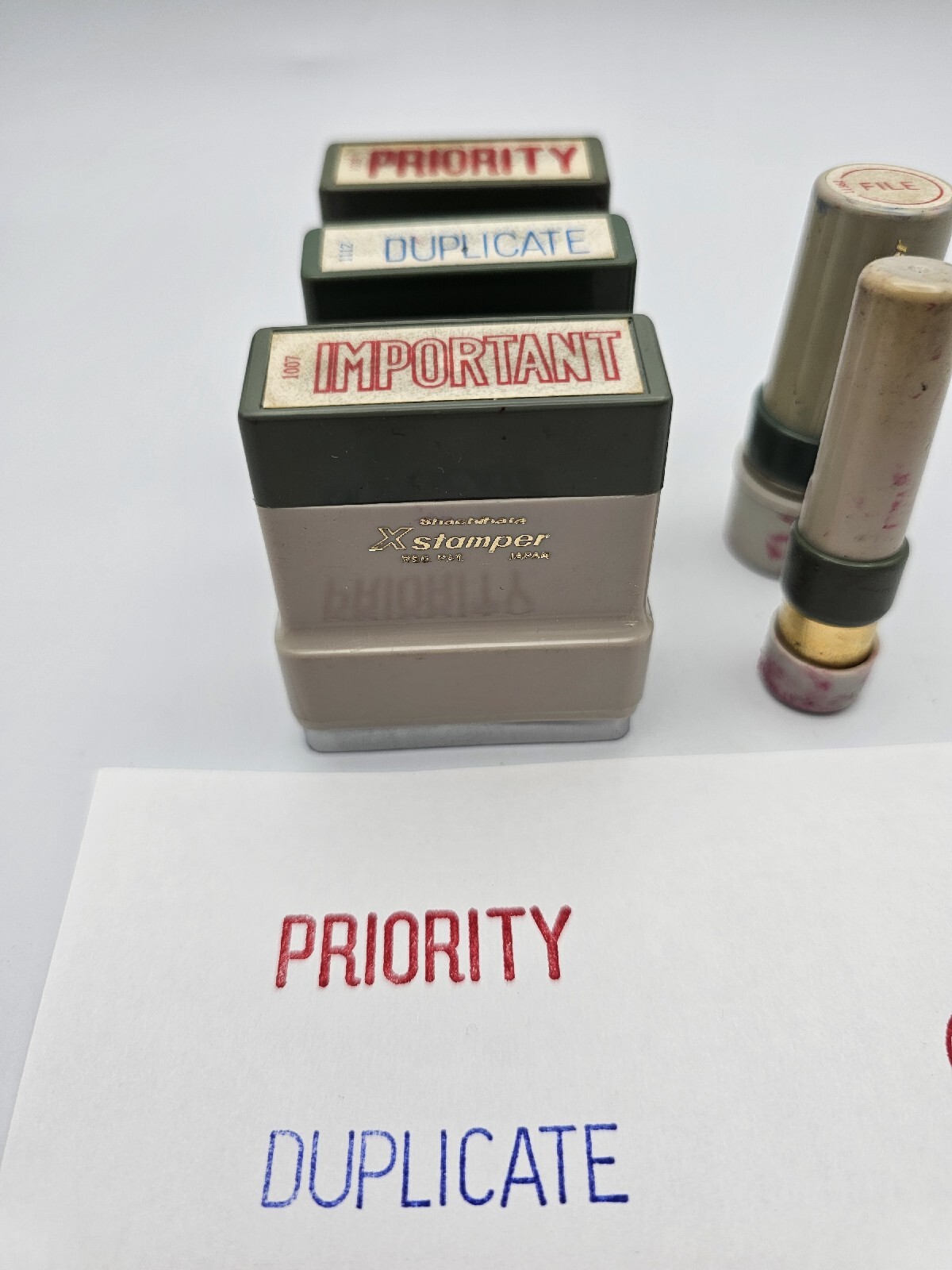 Vintage X Stamper Self Inking Stamp ~ FILE, PRIORITY, DUPLICATE, IMPORTANT & 🙂