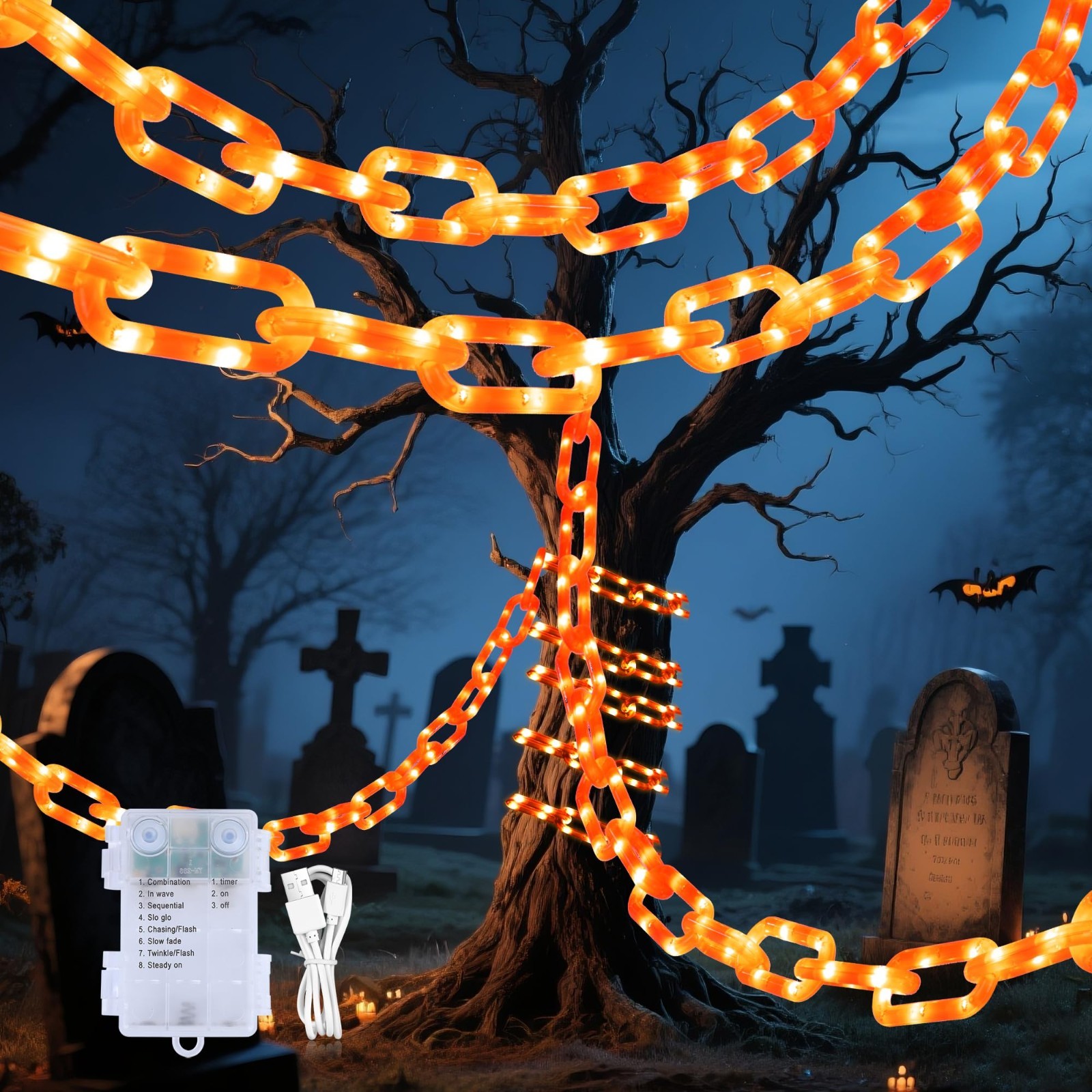 10.5FT 175LED Orange Halloween String Lights - Battery/USB, 8 Modes, Timer, Outd