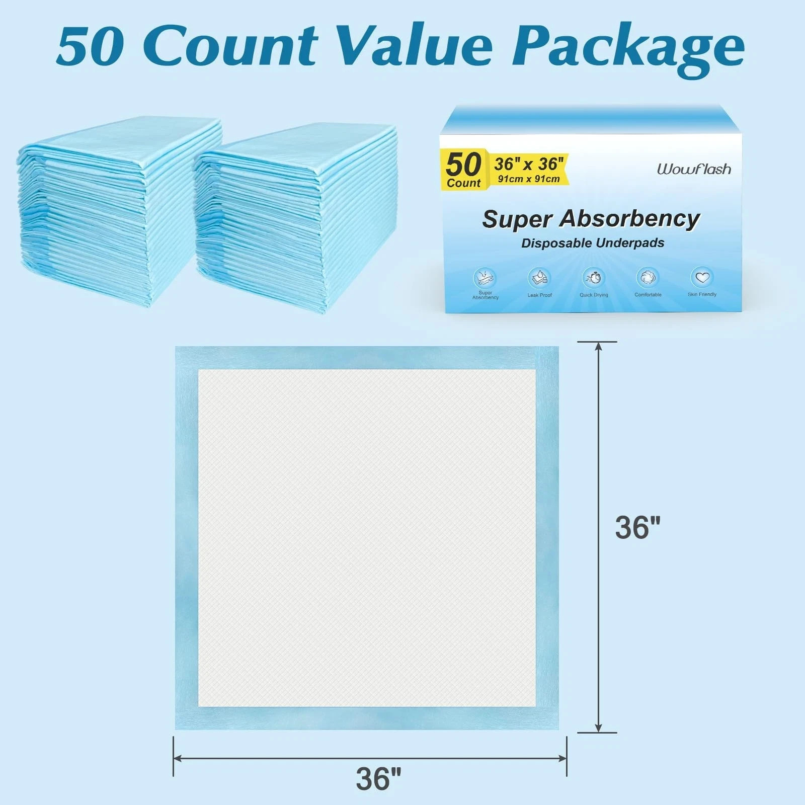 50 Count 36" x 36" Super Absorbency Disposable Underpads - Leakproof Quick Dr...