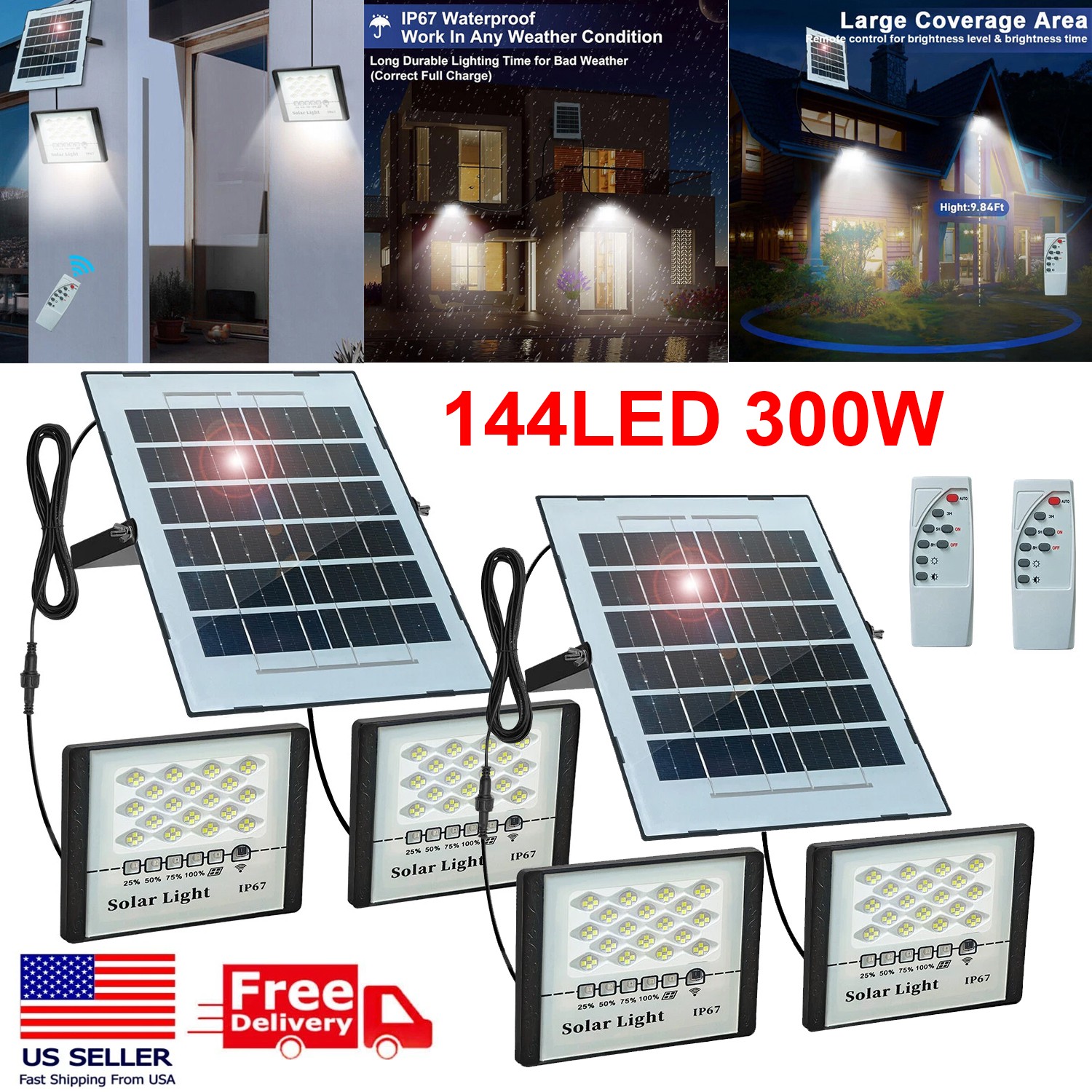 300W LED Solar Flood Lights Outdoor Street Light Dusk to Dawn Flood Wall Lamp US