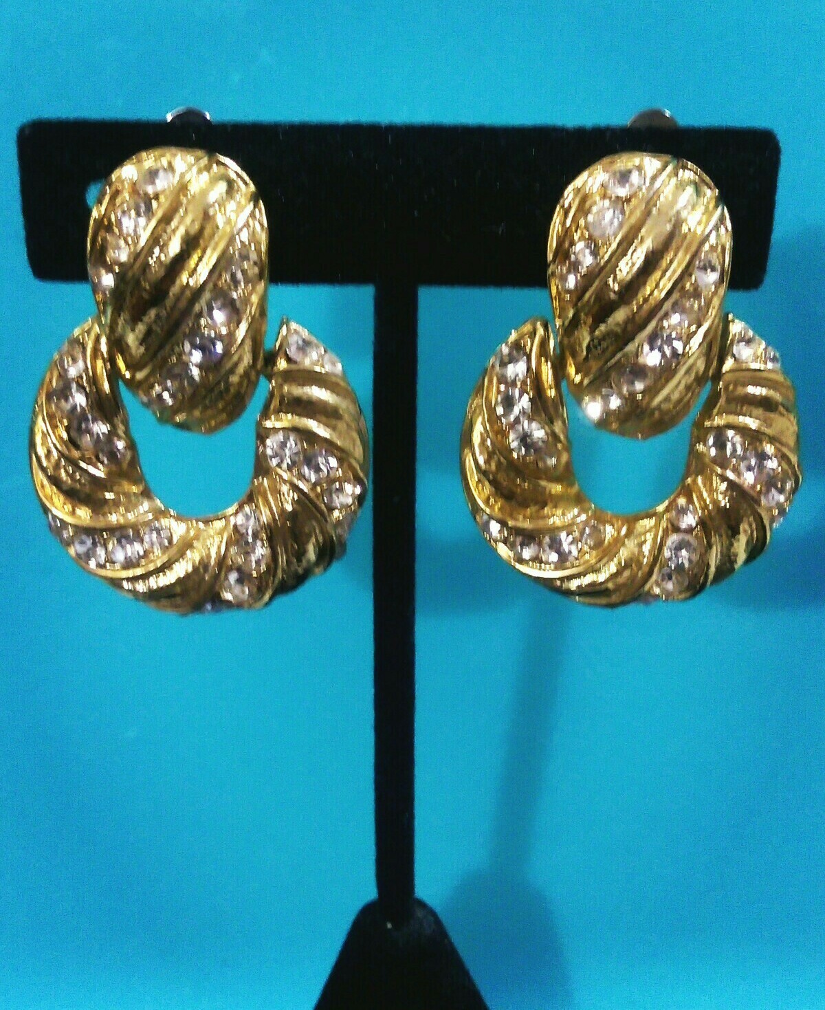 Vintage Earrings Door Knocker Crystal Gold Tone Clip On