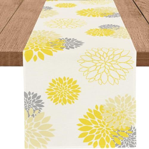 Yellow Gray Table Runner Dahlia Pinnata Flower Beige Table Runners Modern