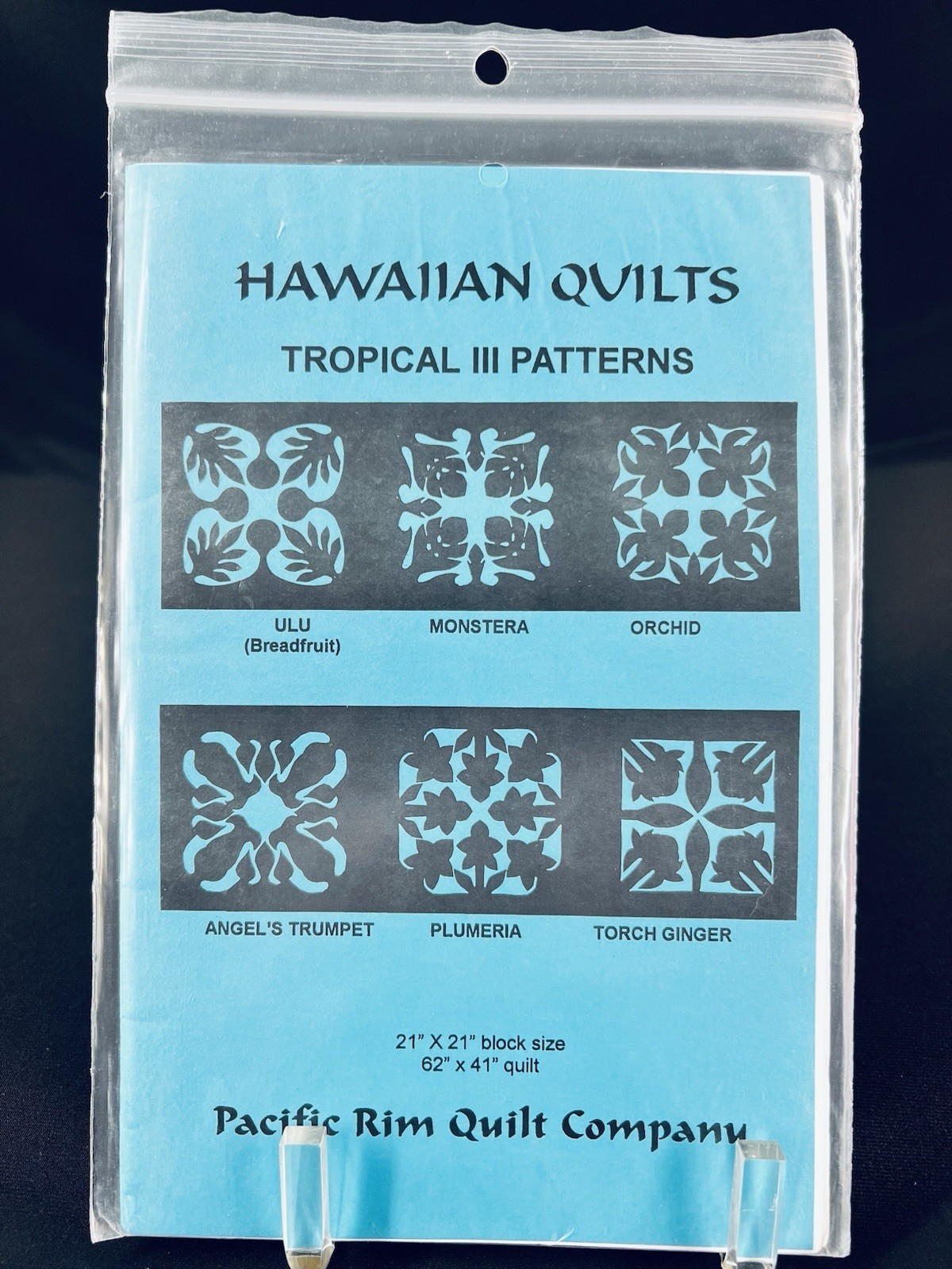 Hawaiian Quilts TROPICAL III Patterns Monstera Orchid Plumeria 21" Block (Blue)