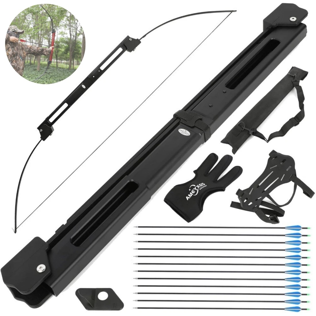 Complete 55" Archery Set 55LB Folding Bow with 12 Carbon Arrows&Protective Gear