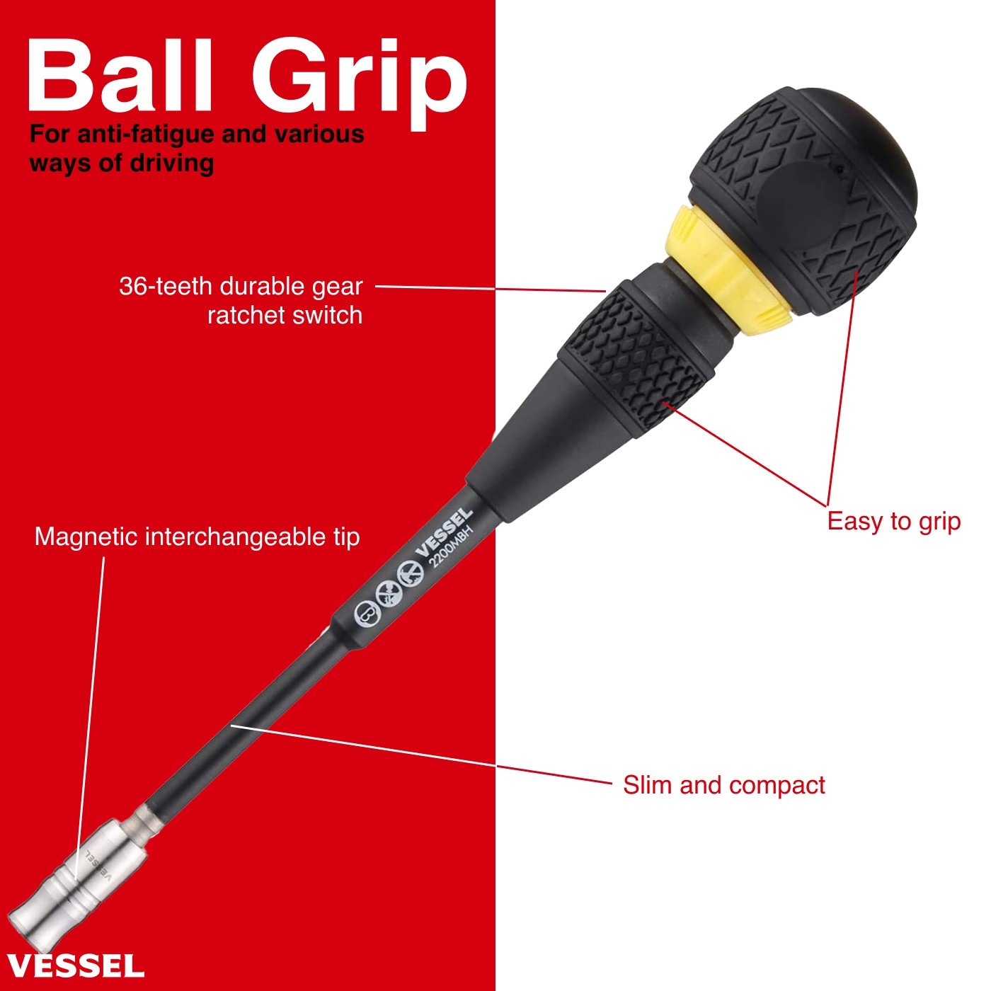 Vessel Ball Grip Ratcheting Screwdriver Interchangeable w 11pc Bit Set