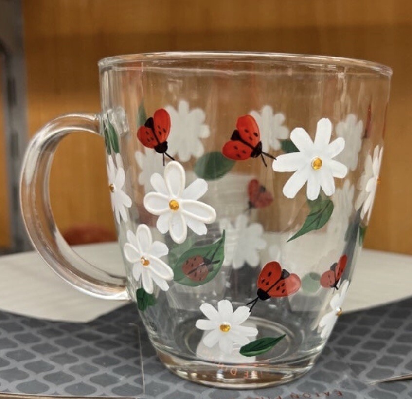 Hand Painted Glass Ladybug Daisy & Rhinestone Teacup NEW. 10oz GORGEOUS!