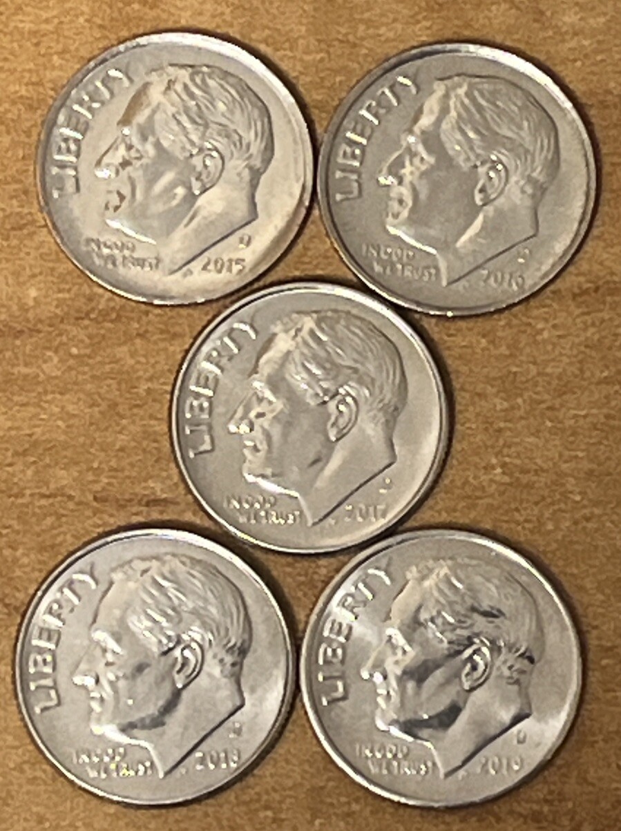 2015-D,2016-D,2017-D,2018-D,2019-D  Roosevelt Dimes AU (set of 5 )