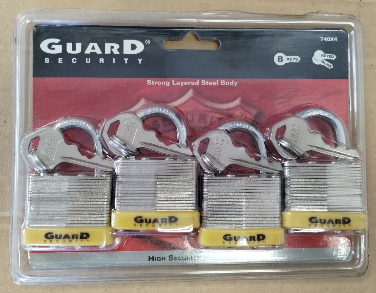 New. Guard Security 4 Pack Padlocks 1-1/2" Laminated, NO. 740X4, Two Keys each