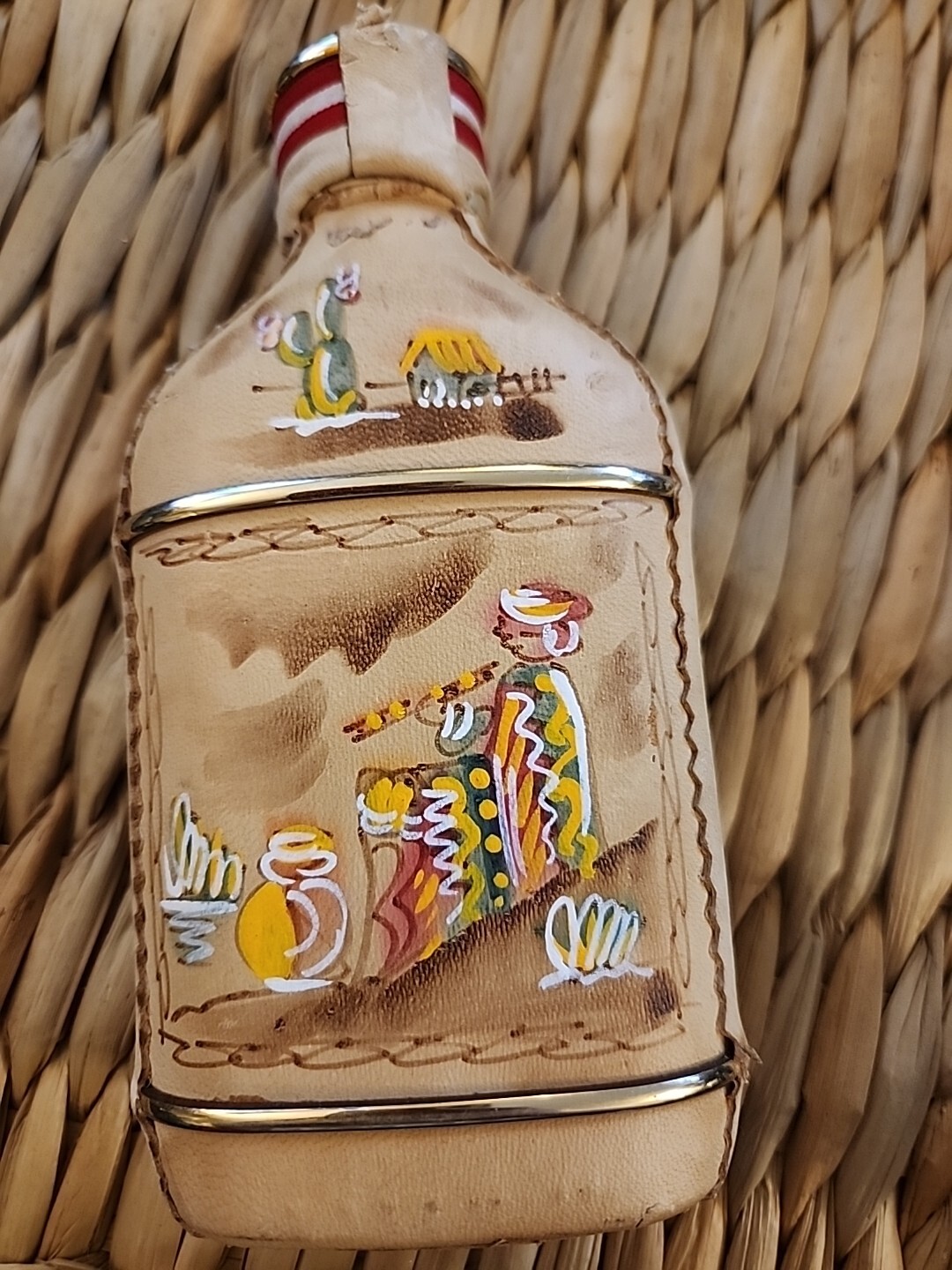 Vintage Leather Wrapped Hand Painted Pisco Bottle Peru Empty Excellent Condition