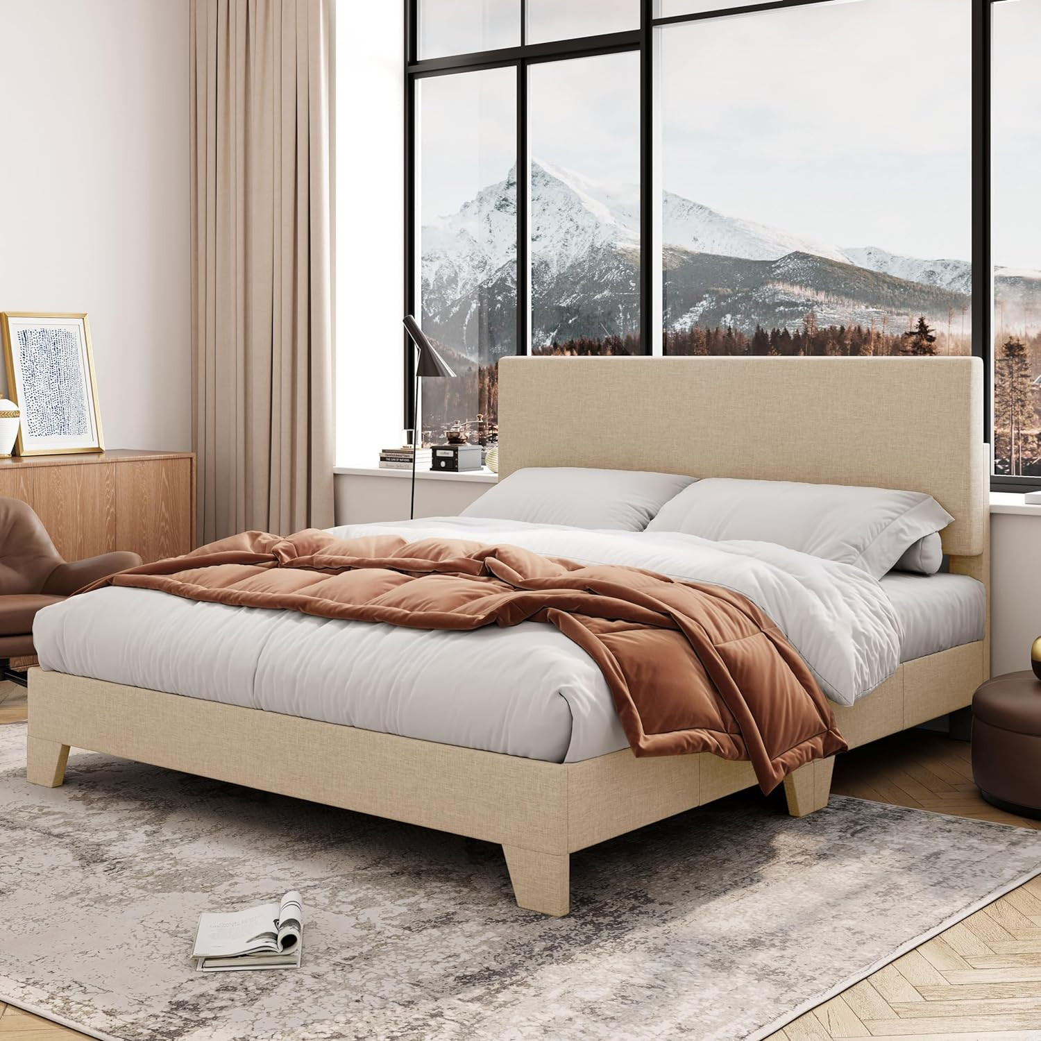 Queen Size Bed Frame with Adjustable Headboard, Upholstered Platform Bed with Wo