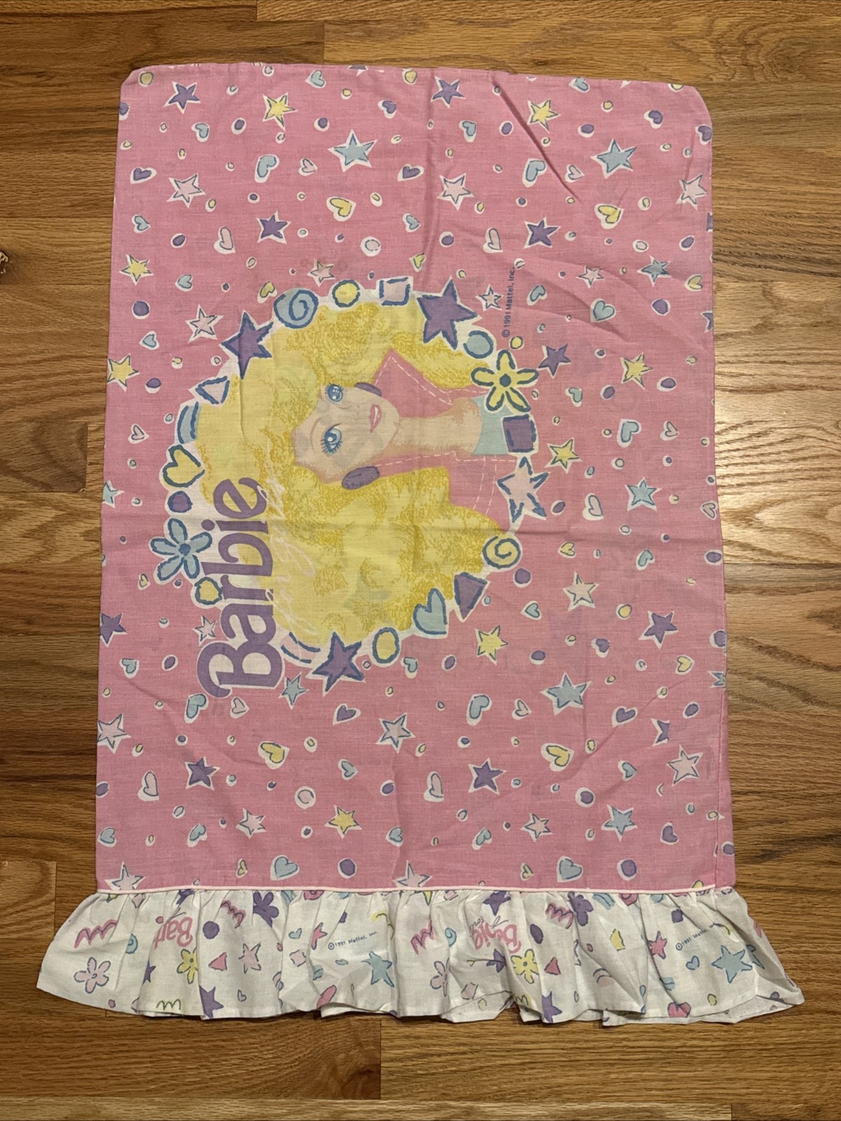 Barbie Pillowcase Vintage 1991 Mattel Pink Hearts Stars Ruffle edge Pillow Case