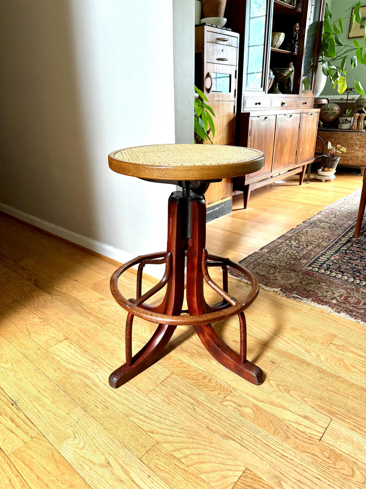 Antique Wood and Cast Iron Adjustable Stool | Bentwood Swivel Caned Top Stool