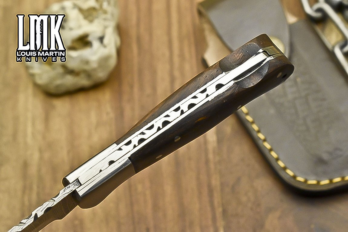 LMK Handmade Twist Damascus Folding Knife Walnut Wood Back Lock EDC