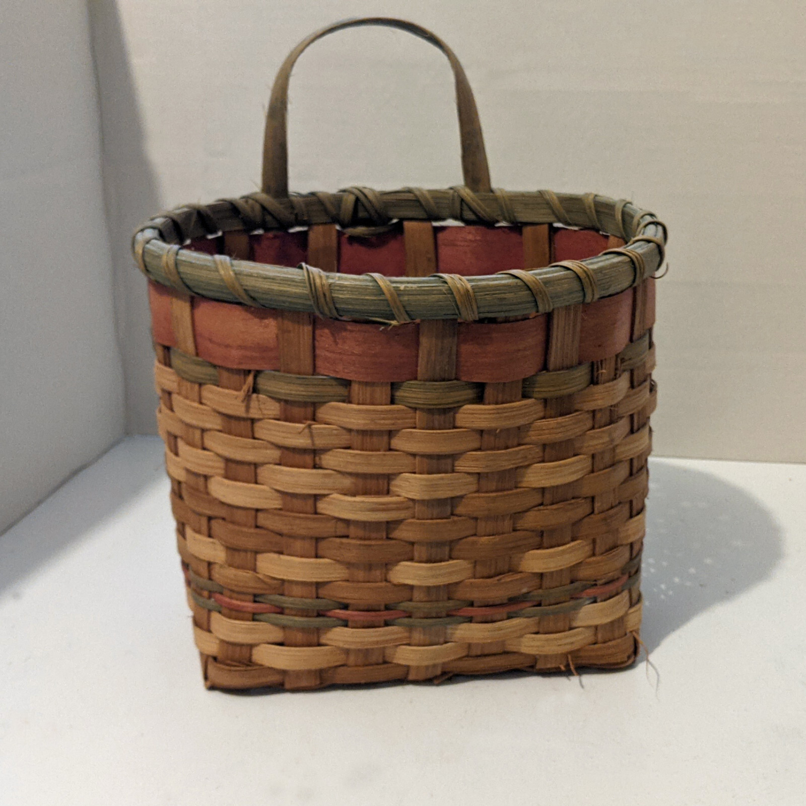 Basket Woven Back Handle for Hanging Farmhouse Fabric Red Green Brown Home Decor