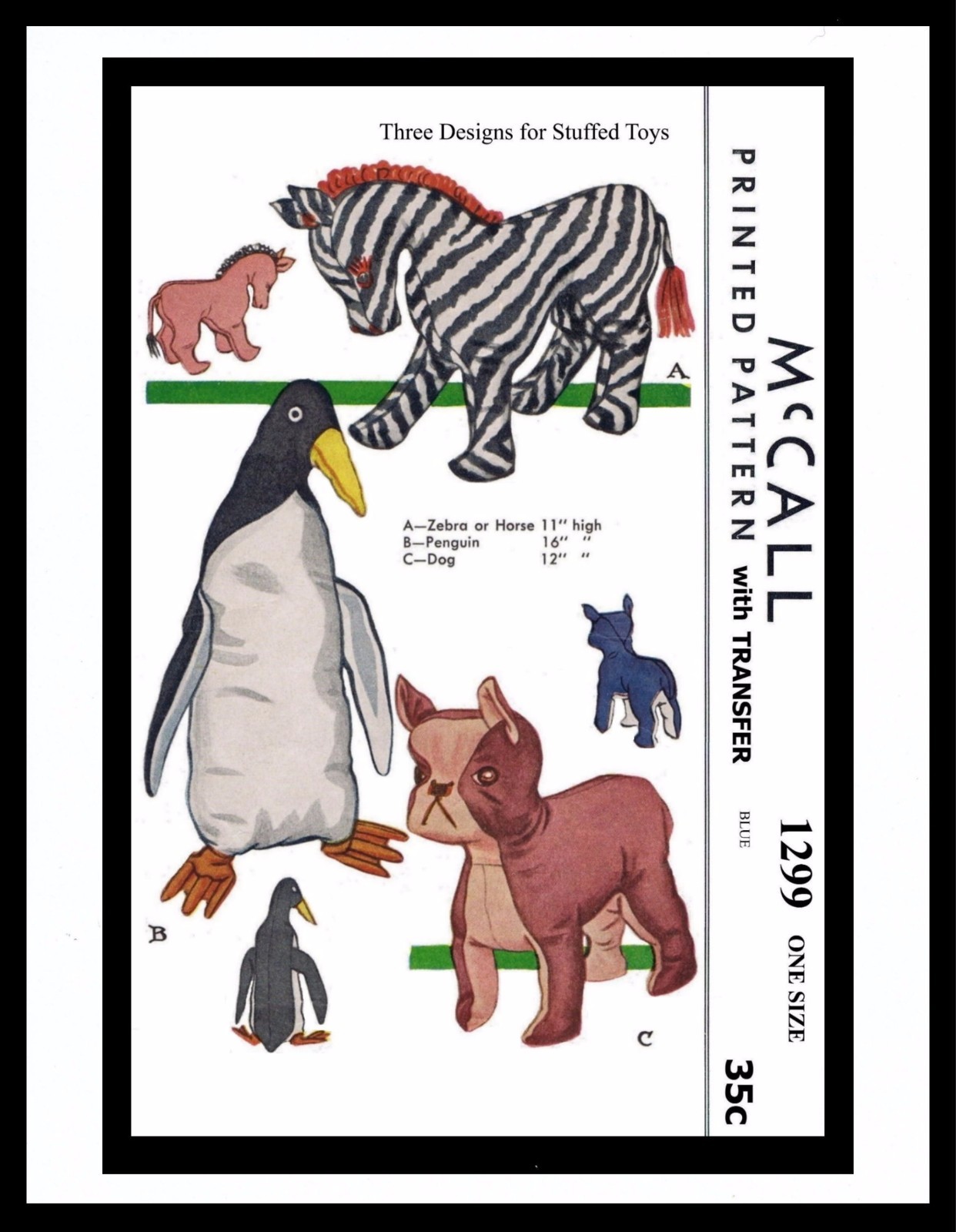 1299 McCall Fabric Pattern 4 Stuffed Animal Toys ZEBRA - HORSE PENGUIN DOG ~WOW~