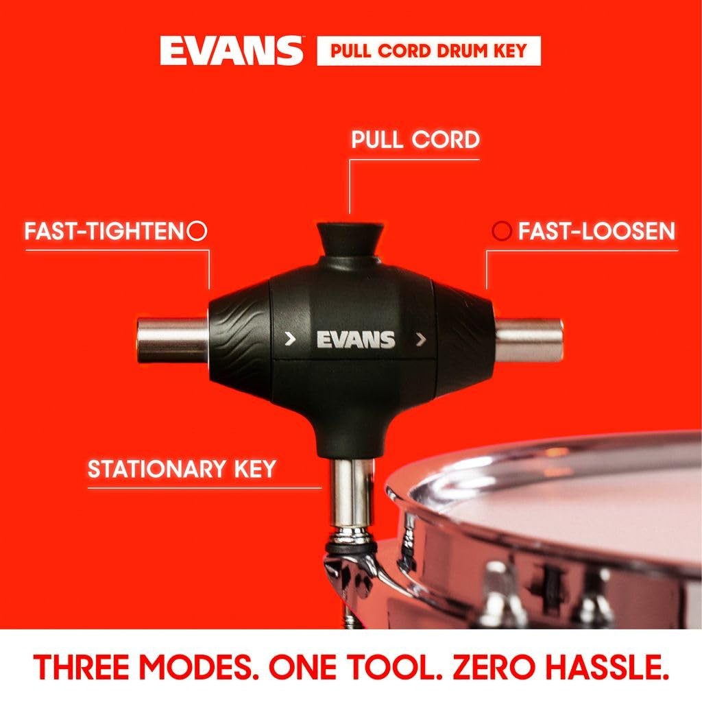 Evans Pull Cord 3-Head Drum Key for Fast Tuning - Mechanical, Durable