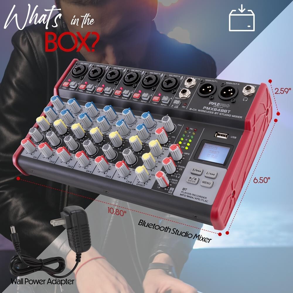 Pyle Professional 8-Channel Bluetooth Wireless DJ Mixer +48V PHANTOM POWER