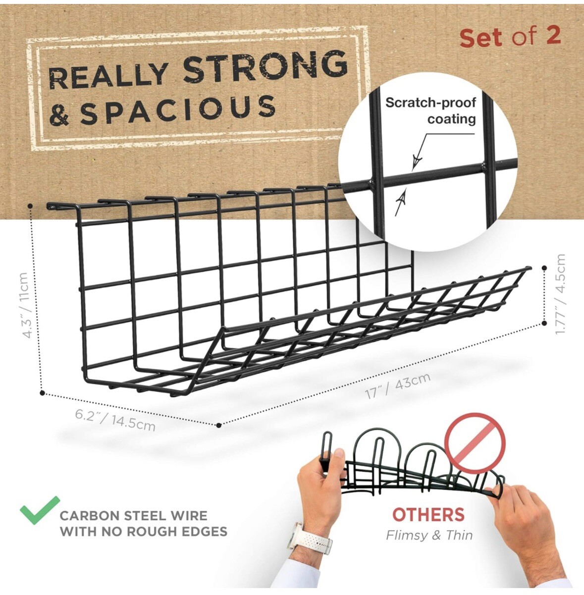Under Desk Steel Cable Trays Black Set Of 2, Cable Organizers, Scandinavian Hub